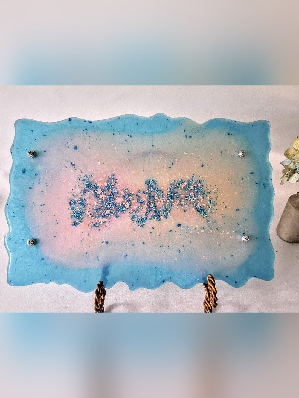 Ocean Blues, Glitter & Gold Artisan Made Resin Tray - Gold Bamboo Handles - Picture 7 of 10